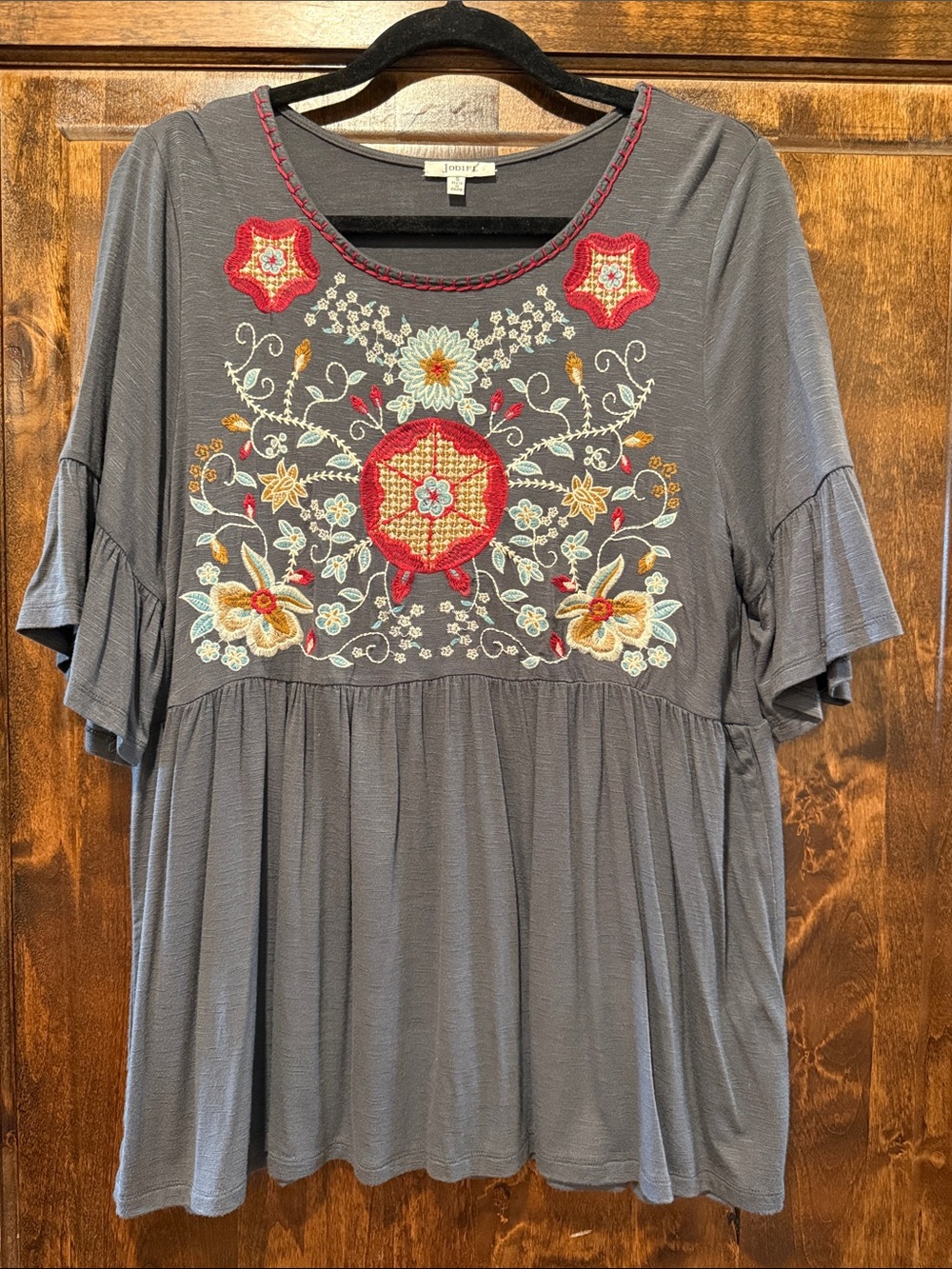 JODIFL Gray Top with Red & Cream Floral Embroidery